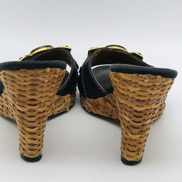 Anne Klein Wedge Sandal 7.5 Black Leather Straw Women AKHagan - Picture 5 of 15